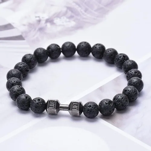 Vista 4 de Pulsera de mancuernas negras para hombre, pulsera de gimnasio con cuentas de piedra natural, pulseras de fitness con peso para hombre, regalo