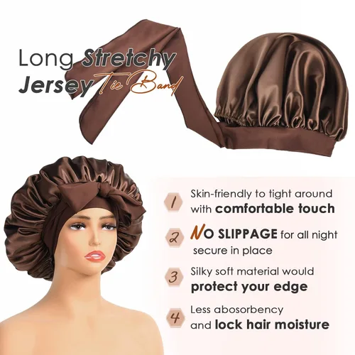 Vista 5 de YANIBEST - Gorro de satén de seda para dormir, gorro negro de doble capa con forro de satén con banda de amarre para mujer con cabello naturalmente