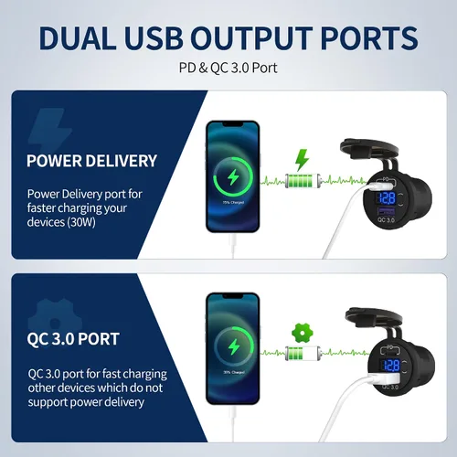 Vista 3 de DaierTek Paquete de 3 enchufes de cargador de coche USB C de 12 V, 48 W PD y QC 3.0 de carga rápida con voltímetro e interruptor
