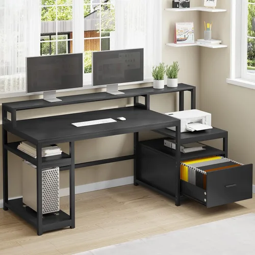 Vista 16 de SEDETA Escritorio para computadora con 5 cajones, toma de corriente, luces Negro con luces LED