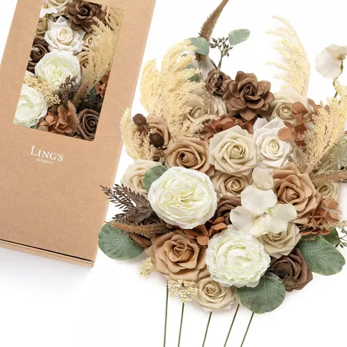 Vista 39 de Ling's moment Caja de Flores Falsas, Tallos de Vegetación Artificial Falsa Rosas de Espuma Dalia Hortensia de Seda Peonía Flor de Tela para Centros