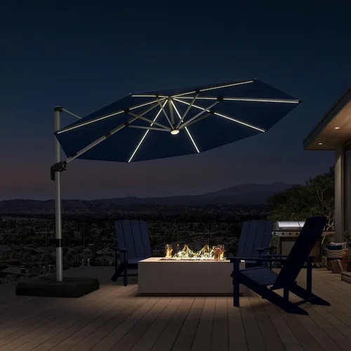 Vista 72 de PURPLE LEAF Sombrilla de patio de 9 x 12 pies con luces, sombrilla rectangular voladiza para exteriores, funciona con energía solar, LED