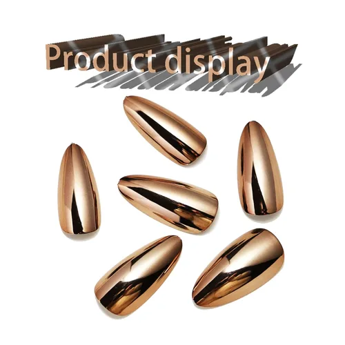 Vista 5 de Uñas postizas a presión cromadas de bronce y almendra mediana, uñas postizas de aguja con diseño brillante, uñas postizas acrílicas de metal