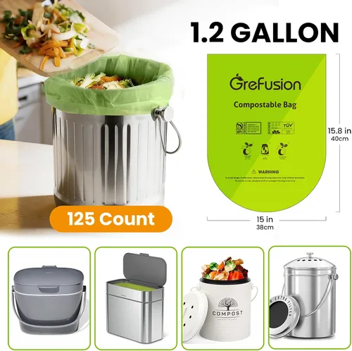 Vista 2 de GreFusion Bolsas compostables para cubo de compost de cocina, 1.2 galones, 125 unidades, certificadas por BPI y ASTM, a prueba de fugas y control
