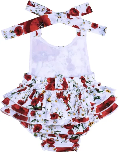 Vista 9 de Mameluco de verano con diseño floral y volantes para niña bebé, con diadema