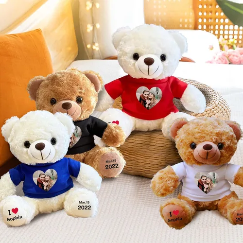 Vista 4 de Oso de peluche personalizado con fecha de texto de imagen, juguetes de peluche personalizados de 11 pulgadas, regalo para novia, novio, cumpleaños