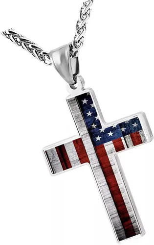 Vista 3 de Collar con colgante de cruz patriótica de la bandera estadounidense, joyería religiosa para hombres, Acero inoxidable, No es una piedra preciosa