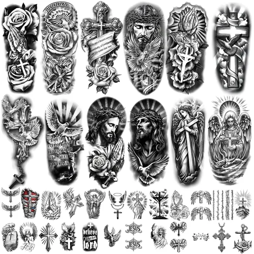 Vista 12 de 77 hojas de tatuajes temporales para mujeres y hombres, 17 hojas de tatuajes falsos de medio brazo de flores de playa, calaveras, atardeceres, 60