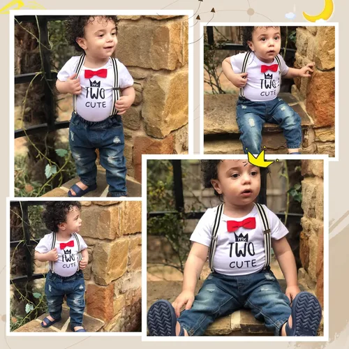 Vista 4 de Conjunto de ropa de cumpleaños para bebé niño pequeño, con tirantes, pantalones de mezclilla rasgados