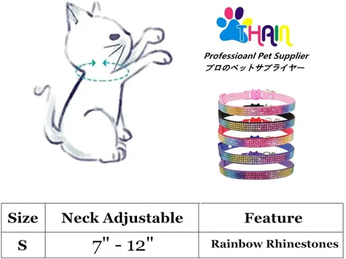 Vista 2 de THAIN Bling cat Collar de gatito Rainbow Rhinestone Breakaway Diamond con campana Terciopelo suave liberación rápida (negro)