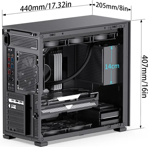 Vista 4 de JONSBO Caja de computadora ATX negra D41 MESH, ATX/M-A.TX Mainboard/Support RTX 4090 (13.189-15.748 in) GPU 360/280AIO, Power A.TX/SFX: 3.937