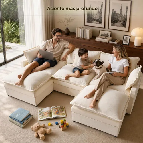 Vista 3 de Sofá modular modular de 108 pulgadas, en forma de U, moderno y cómodo, con otomana y almohadas móviles, sofás de asiento profundo para sala de Beige
