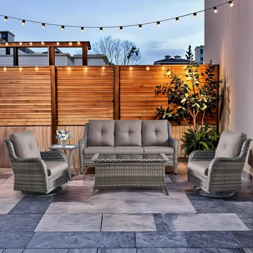 Vista 17 de HUMMUH Juego de 2 Sillas Giratorias Mecedoras de Mimbre para Patio Exterior, Juego de Muebles de Sillas Mecedoras de Ratán (Marrón, Azul) 50,000