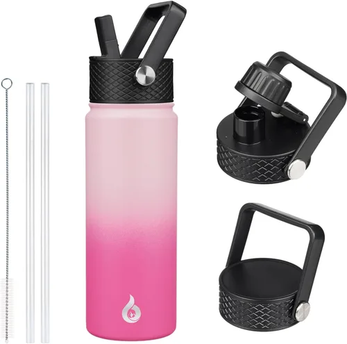 Vista 37 de BJPKPK Botellas de Agua Aisladas con Tapa de Pajita, Botella de Agua de Acero Inoxidable de 18oz, Termo Frío Caliente con 3 Tapas, Vaso de Viaje a