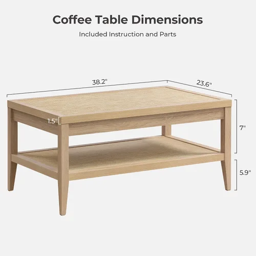 Vista 3 de SICOTAS - Mesa de café de ratán para sala de estar - Mesa central de comedor rectangular de estilo bohemio con estante de almacenamiento de ratán