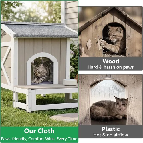 Vista 6 de PetsCosset Casa para Gatos de Exterior con Forro Aislante para Invierno, Refugio Aislado para Gatos Ferales Resistente a la Intemperie