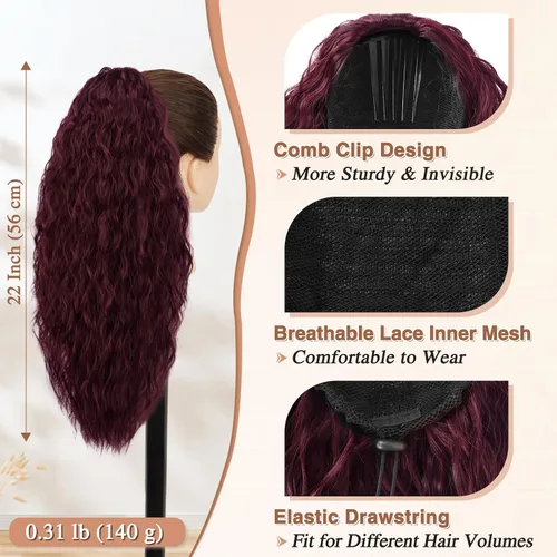 Vista 6 de BARSDAR Extensiones de cola de caballo rizadas con clip de garra de 18 pulgadas + clip de peine con cordón de extensión de cola de caballo rizada