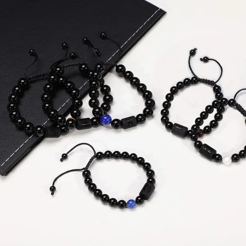 Vista 6 de Pulsera del zodiaco para hombres y mujeres, 0.315 pulgadas, 0.394 pulgadas, piedra blancanegra, bendición de la suerte, con cuentas, signo