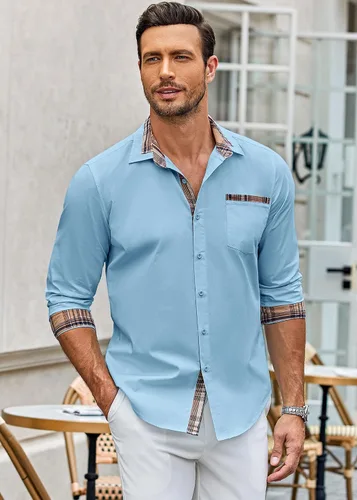 Vista 2 de COOFANDY - Camisa de vestir de algodón con mangas largas, botones y cuello a cuadros, de estilo casual, para hombres