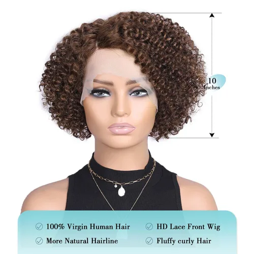 Vista 2 de Peluca de cabello humano corto con encaje frontal, rizada, sin pegamento, parte lateral, cabello humano virgen brasileño rizado con abuelitos
