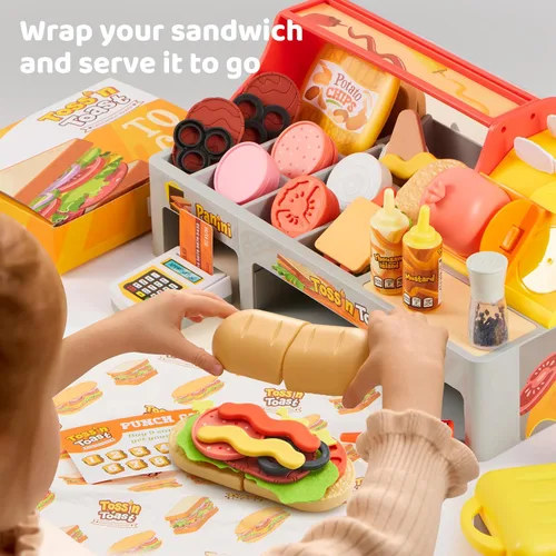 Vista 6 de Juguete de restaurante y comida de juego de simulación para niños, accesorios de cocina de juego incluyen sandwichera de juguete con rebanador