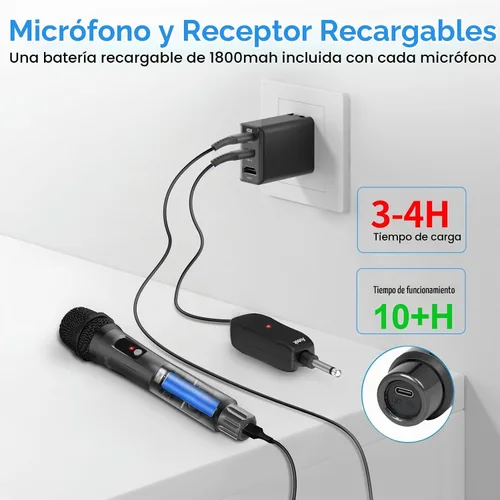 Vista 2 de Aveek Micrófono inalámbrico para karaoke, micrófono de mano profesional para cantar con receptor recargable, micrófono de karaoke inalámbrico