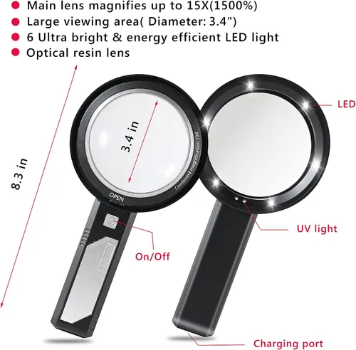 Vista 2 de Lupa con luz, recargable por USB, 5 x 10 x 15 x lupa de mano doble lente lupa 8 luces para leer impresiones pequeñas, lectura de personas mayores