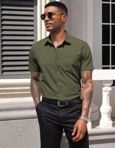 Vista 3 de COOFANDY: camisa casual de manga corta con botones para hombre, de negocios, sin doblar con bolsillo