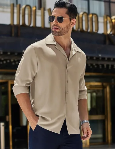 Vista 2 de COOFANDY Camisa de seda de lujo para hombre, camisa de vestir de satén de manga larga con botones brillantes, para baile de graduación, boda, fiesta