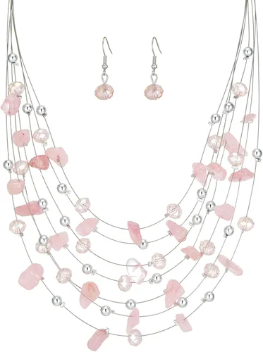 Vista 12 de Collar de cuentas de concha bohemia de varias capas para mujer, hebra de cristal colorida con cuentas plateadas, collares y aretes, disfraces