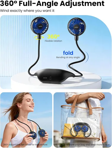 Vista 5 de HandFan Ventilador de cuello de 10000 mAh, rotación de 360°, ventiladores portátiles manos libres para tu cuello, 48 horas de duración, recargable