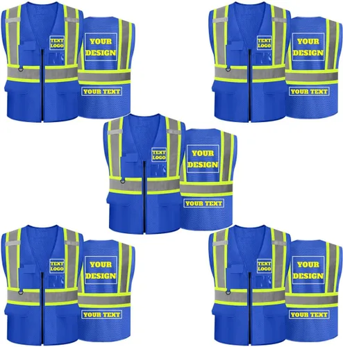 Vista 9 de Chaleco de seguridad reflectante de malla con logotipo personalizado Clase 2 con 5 bolsillos y cremallera