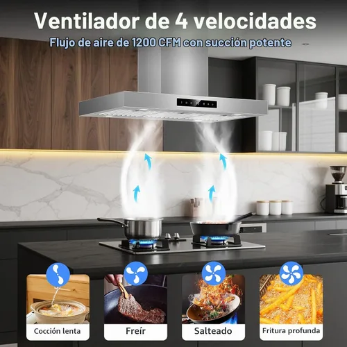 Vista 5 de Campana extractora de isla de 36 pulgadas, montaje en techo de 1200 CFM con detección de gestos de 4 velocidades y control táctil, campana