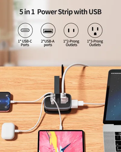 Vista 4 de NTONPOWER - Regleta de alimentación de viaje con puerto USB C, pequeña con enchufe plano, cable de extensión de viaje de múltiples enchufes, regleta