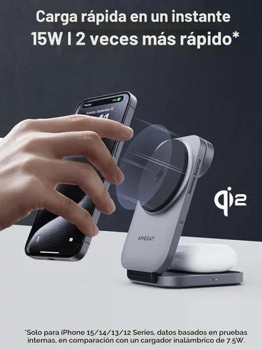 Vista 3 de Estación de carga 3 en 1, soporte de carga inalámbrico plegable con certificación MagFusion Z de 15 W, compatible con MagSafe para iPhone gris