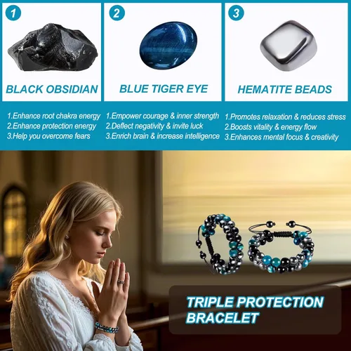 Vista 3 de MIDON - Pulsera de ojo de tigre, pulsera de triple protección para hombres y mujeres, hecha a mano, cuentas de ojo de tigre, hematita y obsidiana