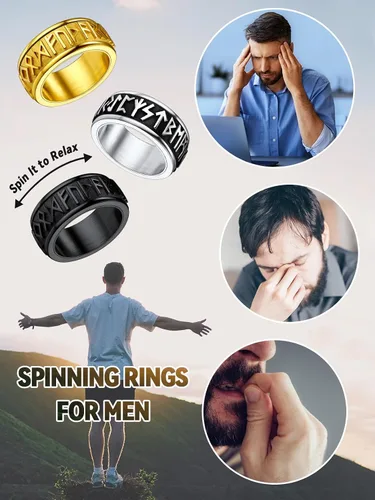 Vista 4 de FaithHeart Anillo giratorio nórdico vikingo con runas de acero inoxidable chapado en oro para hombres y mujeres, puede grabar personalizado