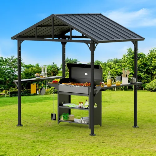 Vista 8 de Gazebo de barbacoa de techo rígido de 8' x 5' para parrilla al aire libre, marco de aluminio resistente y techo de acero galvanizado, ideal para Gris