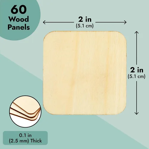 Vista 4 de Paquete de 60 cuadrados de madera de 2 x 2 para manualidades, recortes de madera sin terminar de 0.098 in con esquinas redondeadas