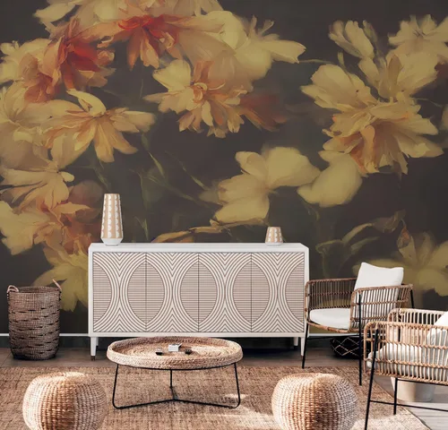 Vista 6 de Fondo oscuro vintage con flores amarillas papel tapiz botánico. Papel tapiz despegable y pegable, papel tapiz removible, floral oscuro, papel tapiz