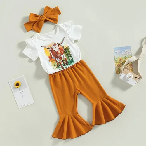 Vista 24 de Conjunto de ropa de bebé occidental para niñas, con estampado de vaca, pantalón y diadema