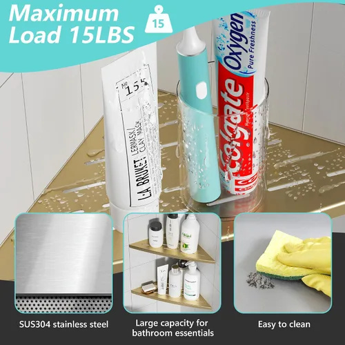 Vista 5 de Qeke Estante esquinero de ducha dorado cepillado, acero inoxidable 304 de 11.5 pulgadas, estante esquinero empotrado de baño para pared de azulejos