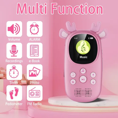 Vista 2 de Reproductores MP3 de 32 GB para niños, lindo reproductor de música portátil Bluetooth para niños con renos, reproductor MP3 para niños con Bluetooth