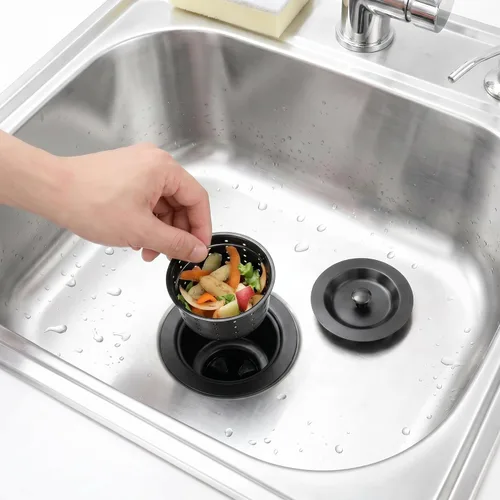 Vista 2 de LQS Conjunto de drenaje para fregadero de cocina, colador de fregadero de cocina con cesta de basura extraíble profunda, colador de cesta de Negro