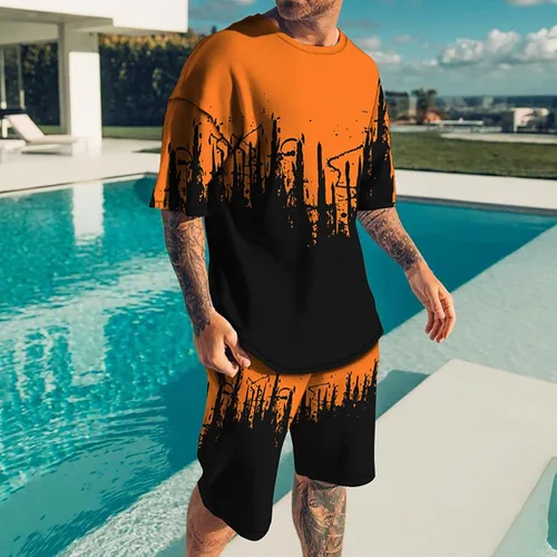 Vista 2 de Conjunto deportivo de 2 piezas para hombre, ropa de lino de 2 piezas para hombre, estilo casual, camiseta sin mangas, pantalones cortos, manga corta