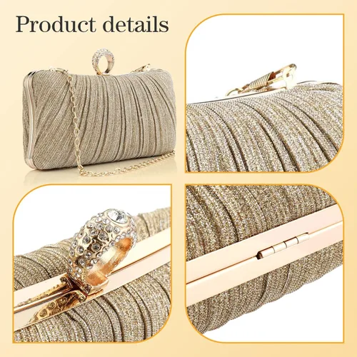 Vista 2 de Bolso de mano para mujer, plisado con purpurina y bolsa de noche con diamantes de imitación, para novia, boda, fiesta