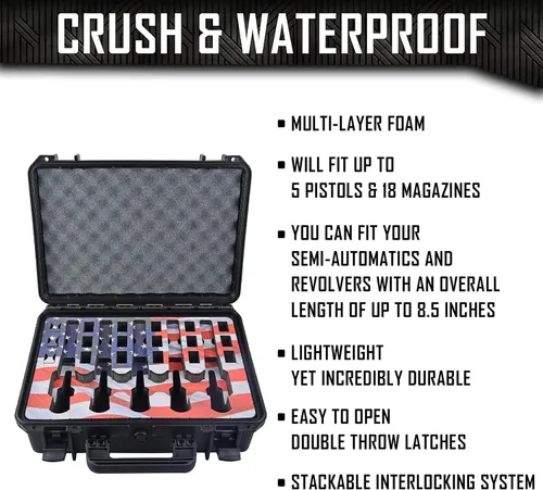 Vista 2 de Estuche para Armas de 5 Pistolas y 18 Cargadores con Inserción de Espuma Personalizada MyCaseBuilder - Impermeable, Resistente - Porta Armas