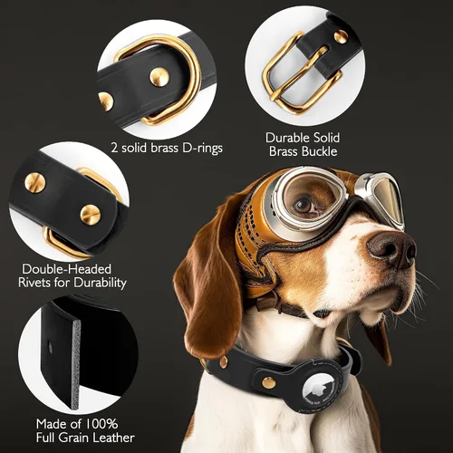 Vista 3 de AirTag Collar de perro – Collar de perro de cuero 100% genuino con soporte Apple AirTag, adecuado para perros pequeños, negro, S, tamaño ajustable