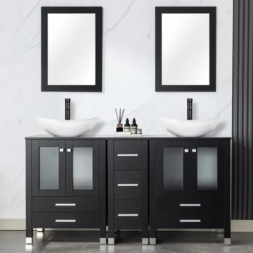 Vista 33 de LUCKWIND 60" Double 24" Bathroom Vanity with Sink Combo, Elegant Series with One 12.6-in Side Cabinet, Painted Frame, Including Tempered Glass Round
