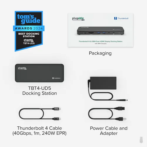 Vista 7 de Plugable Base de Conexión Thunderbolt 4 con Carga de 100W, Certificado Thunderbolt, Estación de Acoplamiento para Laptop con Monitor Dual Único 8K